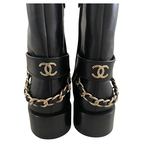 black patent and navy chanel boots with gold chains|Short Boots .